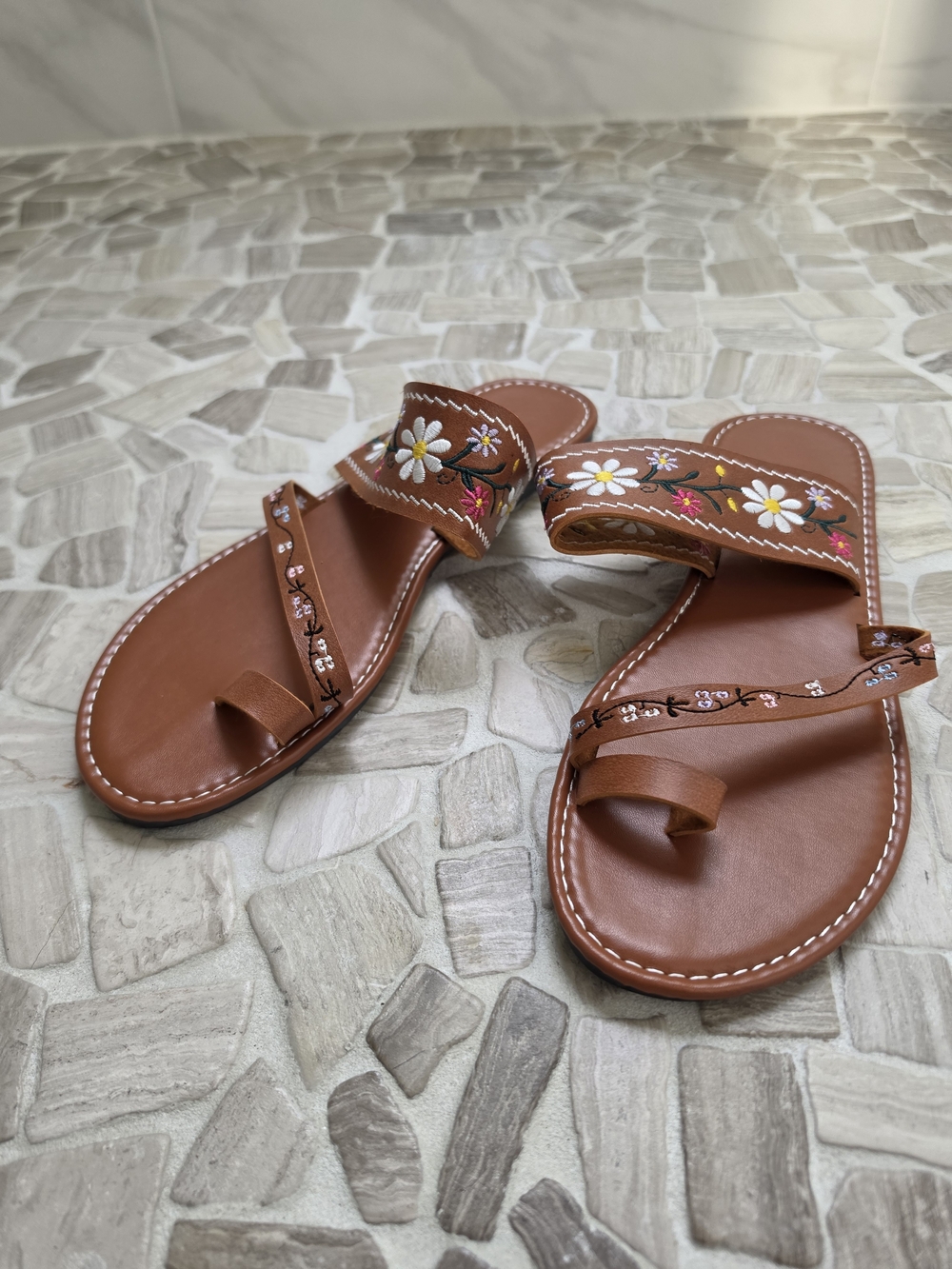 Brown Floral Embroidered Toe-Ring Sandals - Women